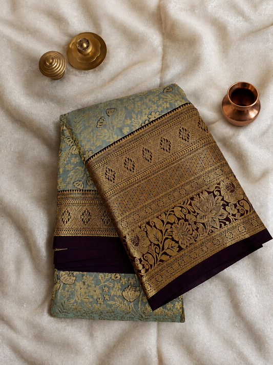 Royal Dusty Teal Blue with Antique Gold Floral Zari & Plum Border Saree