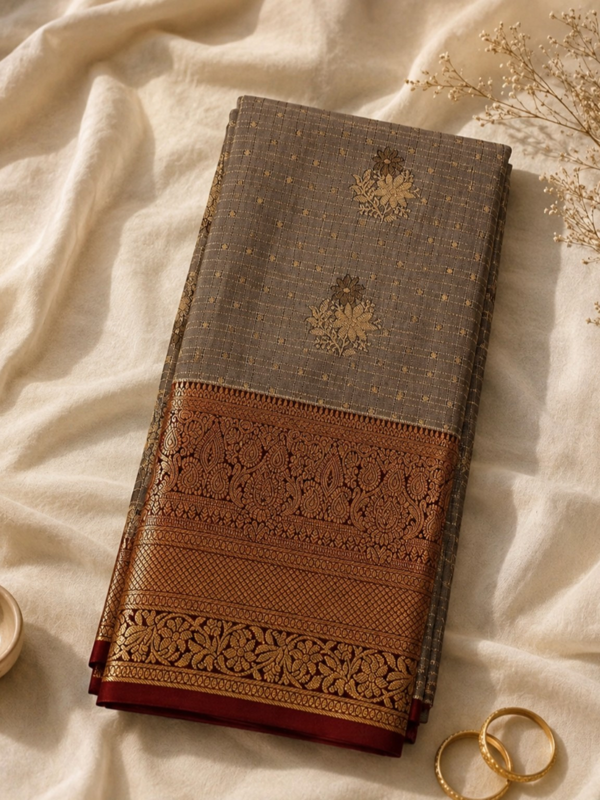 Tana Saree – Royal Grey with Copper Zari