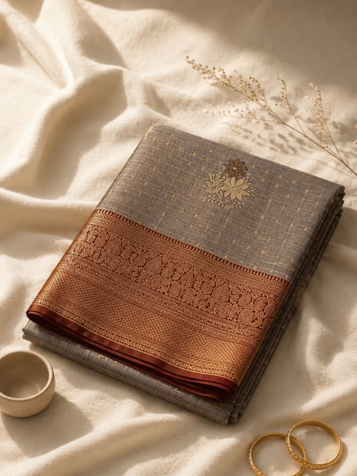 Tana Saree – Royal Grey with Copper Zari