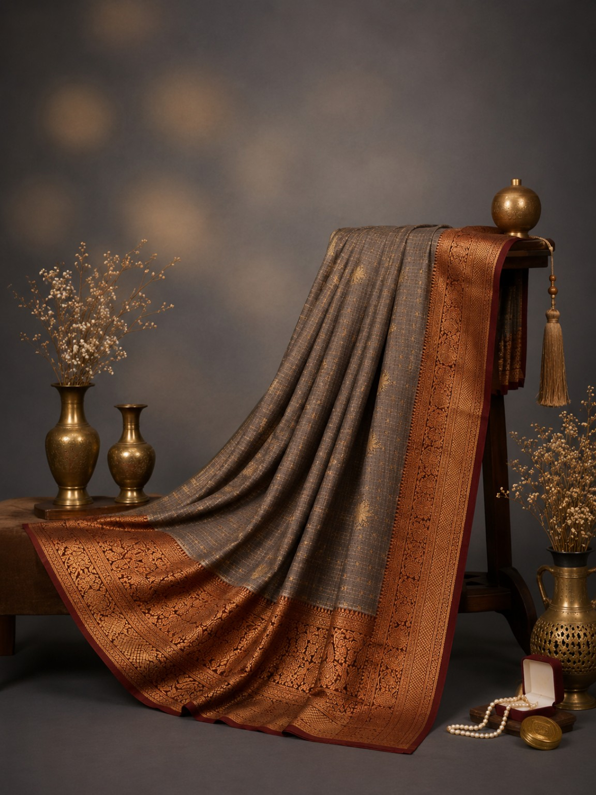 Tana Saree – Royal Grey with Copper Zari