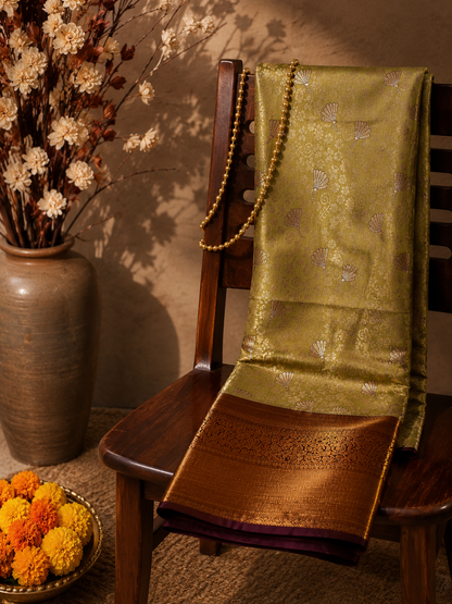 Olive Green Saree with Maroon & Antique Gold Zari