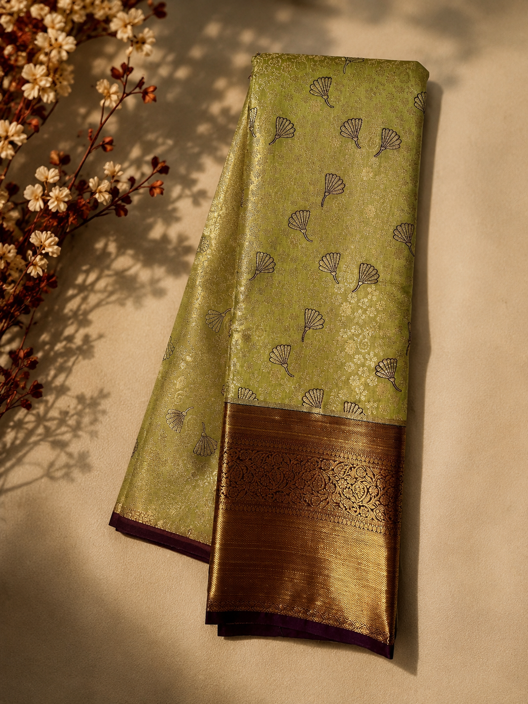 Olive Green Saree with Maroon & Antique Gold Zari