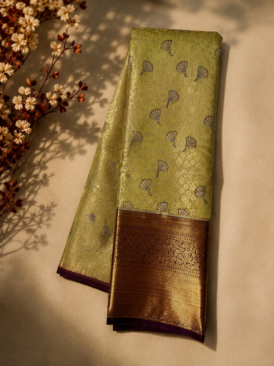 Olive Green Saree with Maroon & Antique Gold Zari