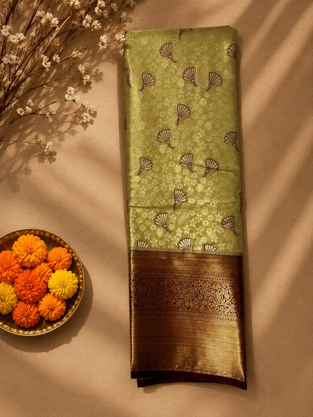 Olive Green Saree with Maroon & Antique Gold Zari