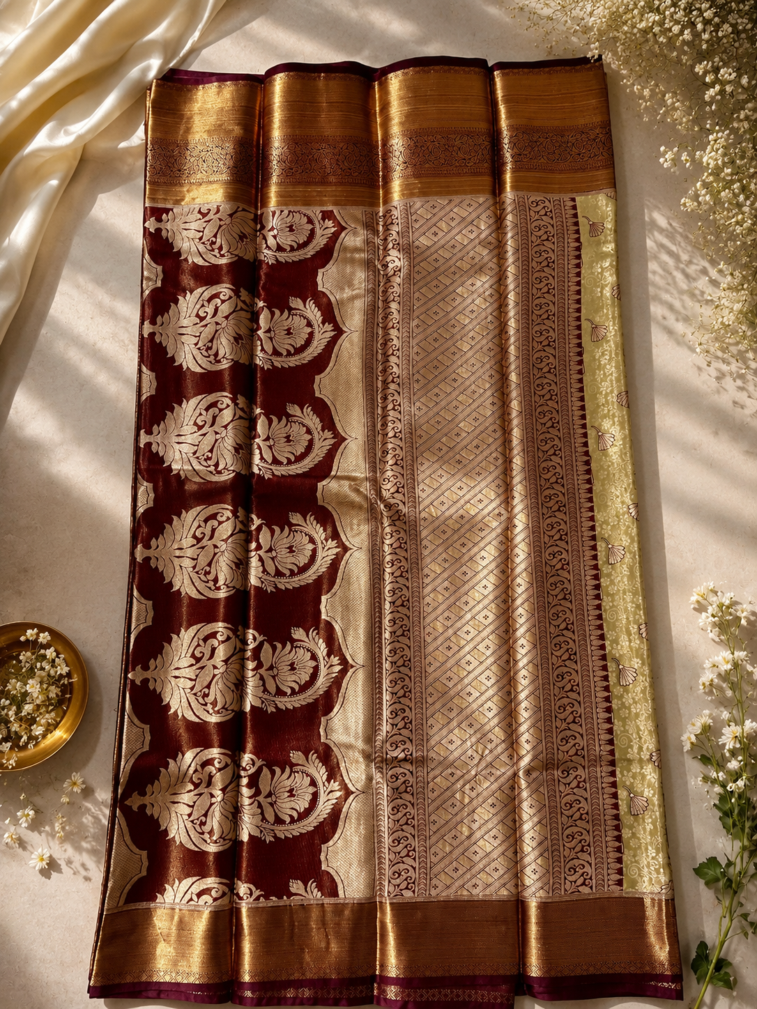 Olive Green Saree with Maroon & Antique Gold Zari