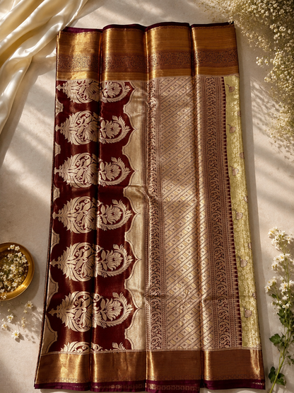 Olive Green Saree with Maroon & Antique Gold Zari