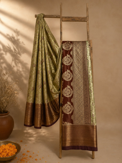 Olive Green Saree with Maroon & Antique Gold Zari