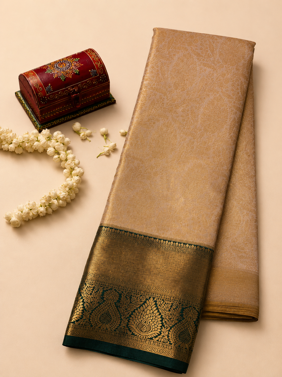 Golden Beige Emerald Zari Saree