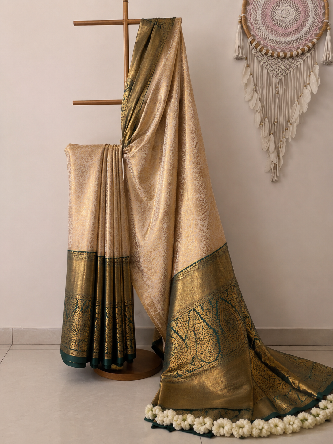 Golden Beige Emerald Zari Saree