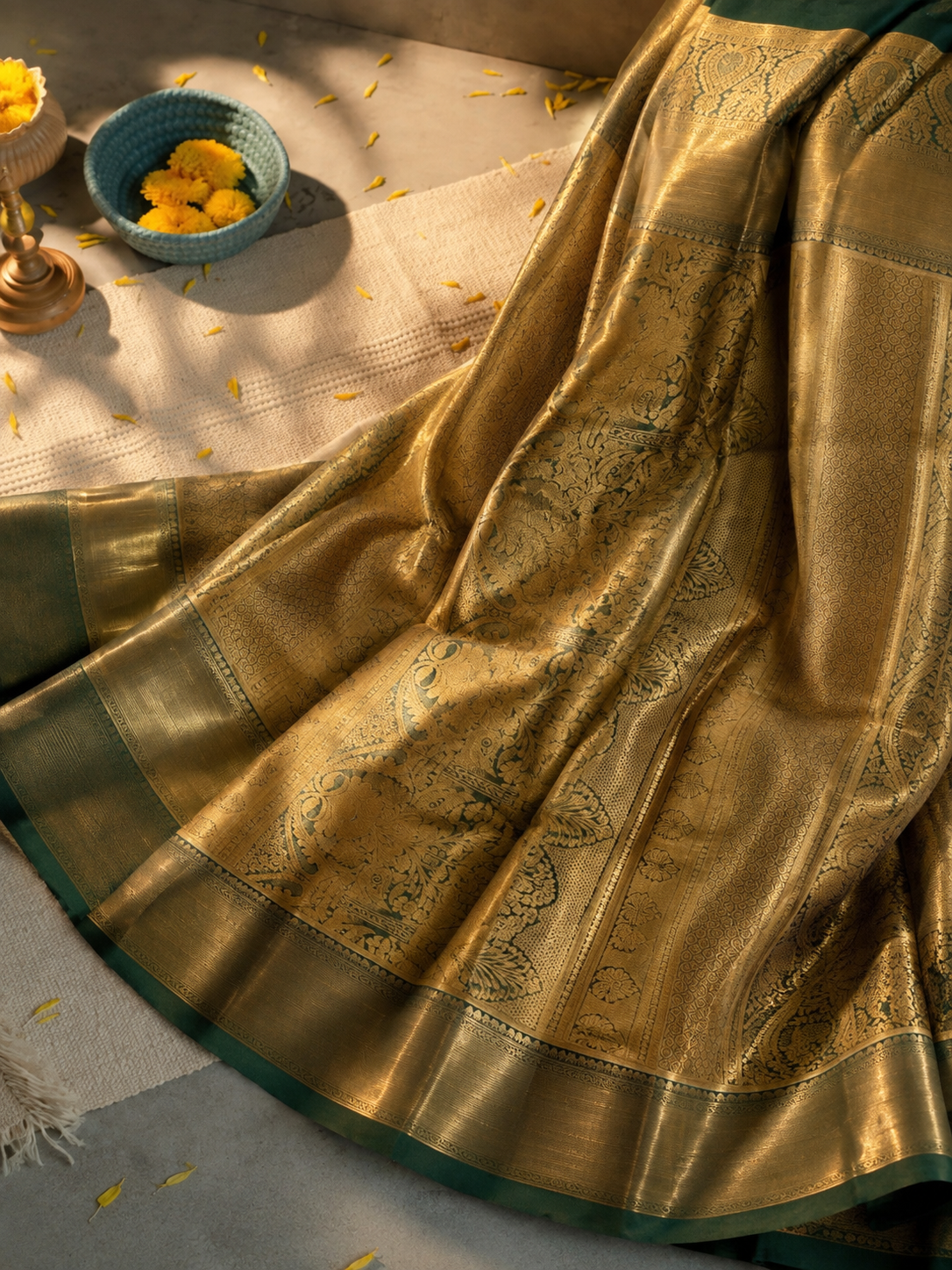 Golden Beige Emerald Zari Saree