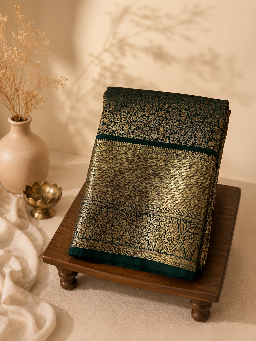 Swarna Vana Kanchivaram — luxurious and inspired by the rich green-gold palette.