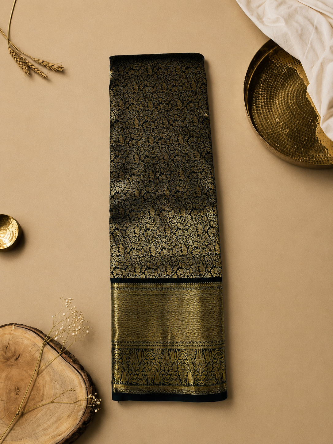 Swarna Vana Kanchivaram — luxurious and inspired by the rich green-gold palette.