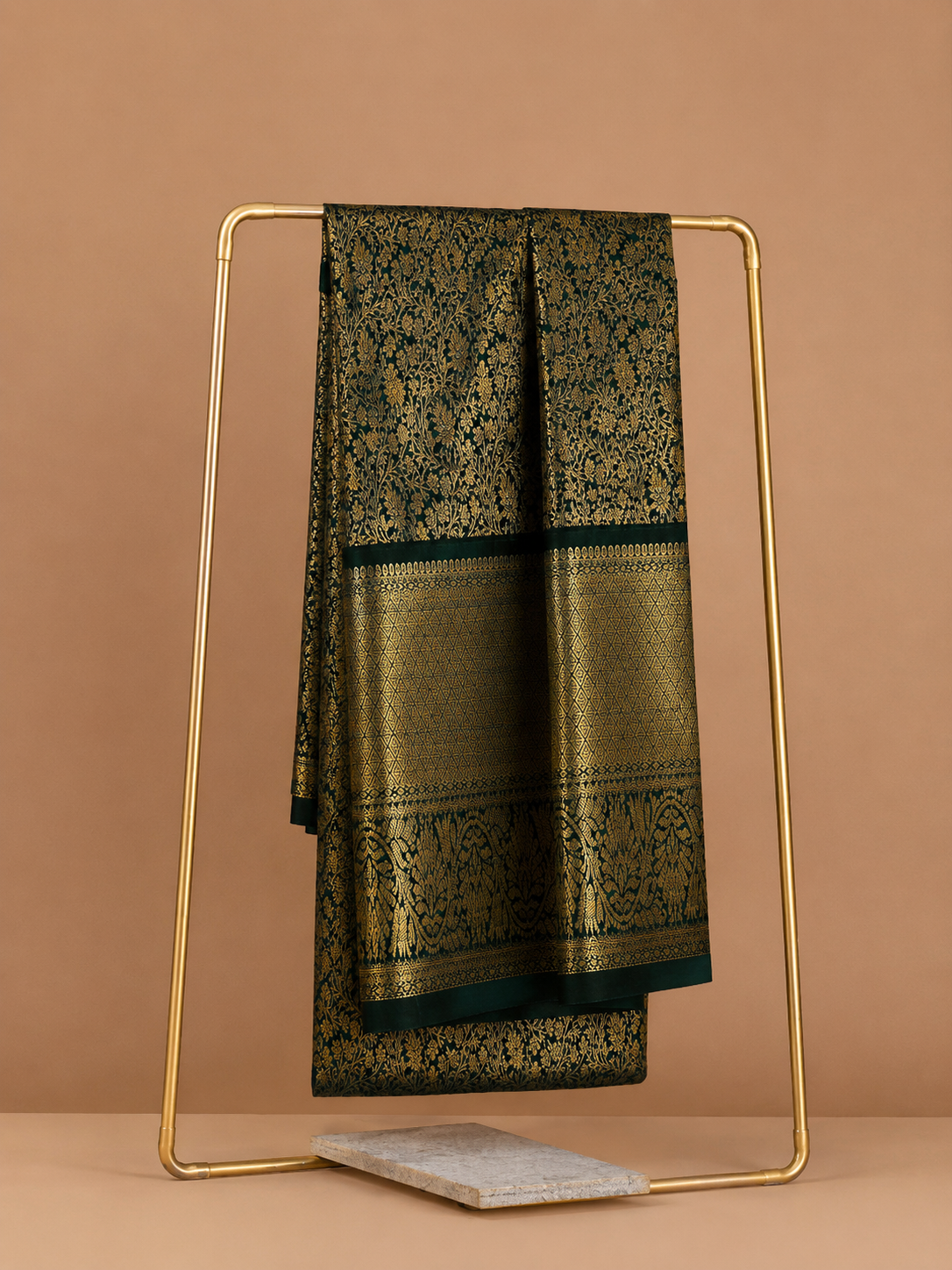 Swarna Vana Kanchivaram — luxurious and inspired by the rich green-gold palette.