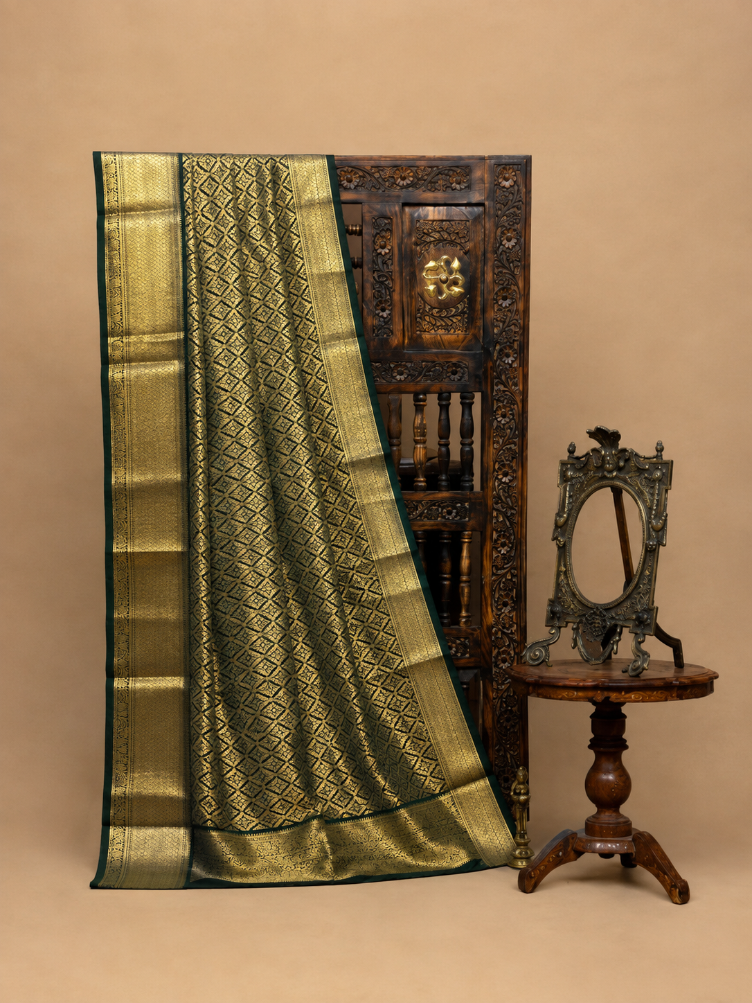 Swarna Vana Kanchivaram — luxurious and inspired by the rich green-gold palette.