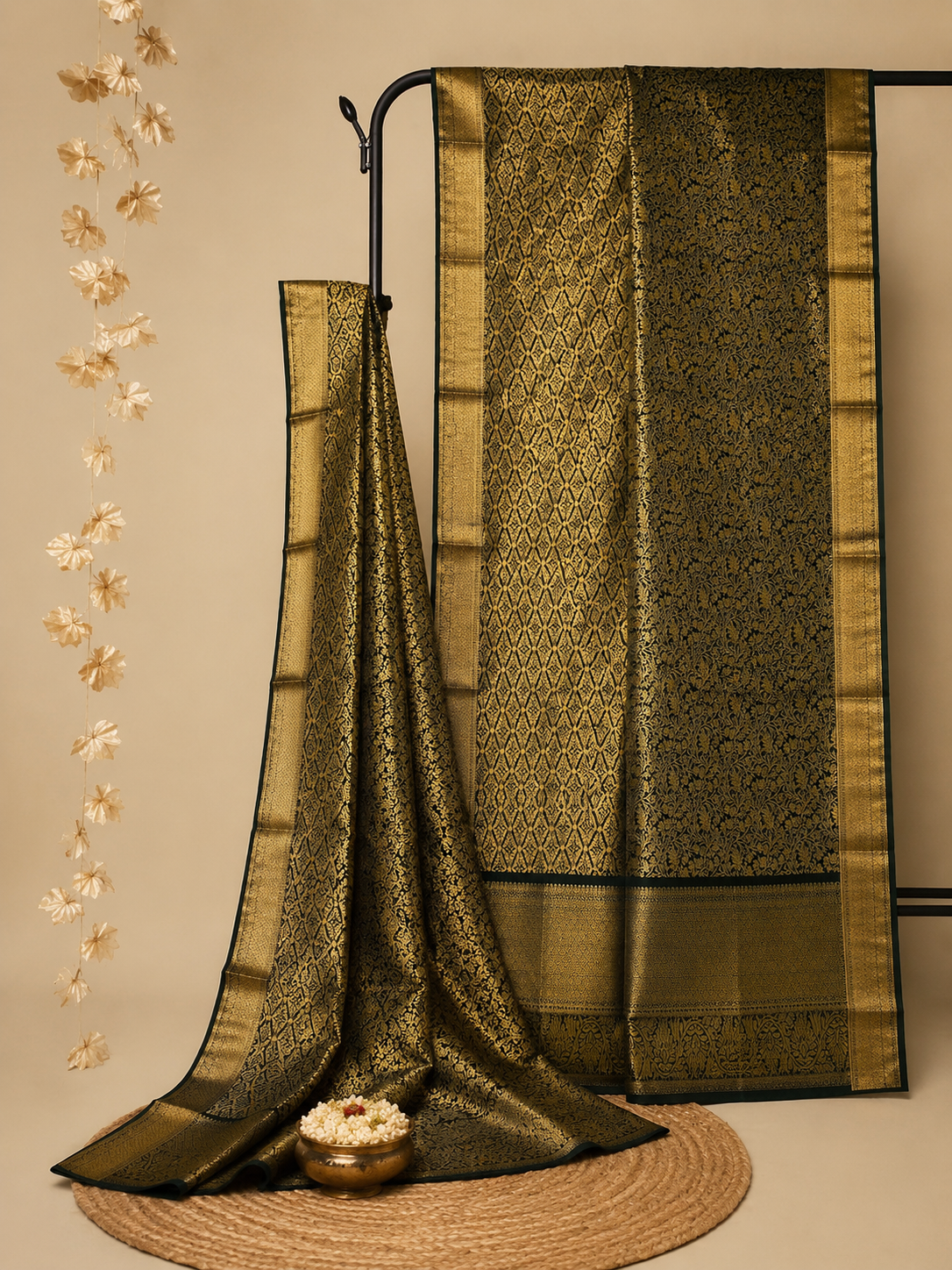 Swarna Vana Kanchivaram — luxurious and inspired by the rich green-gold palette.