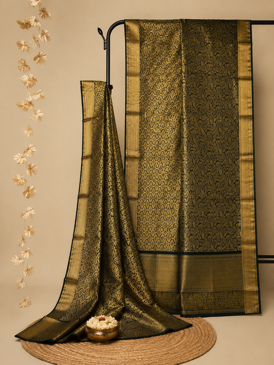 Swarna Vana Kanchivaram — luxurious and inspired by the rich green-gold palette.