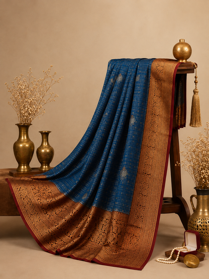 Tana Saree – Royal Grey/Blue with Copper Zari