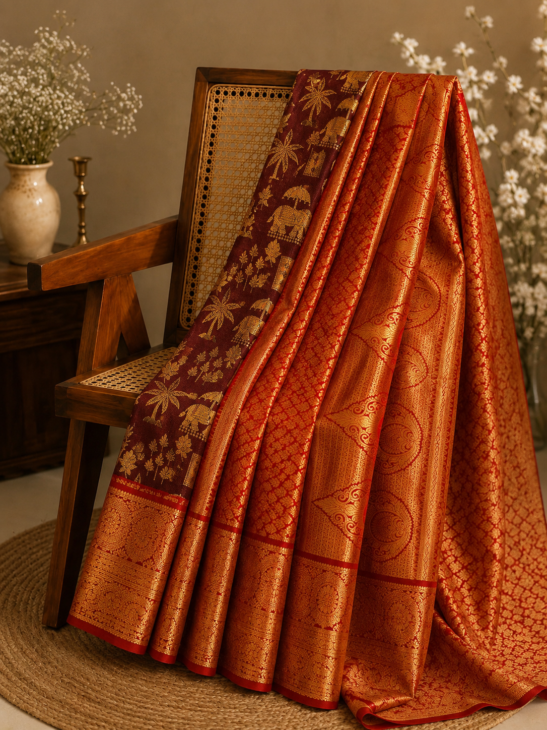 Ruby Gold Heritage deep maroon red silk saree with golden zari border and traditional floral motifs