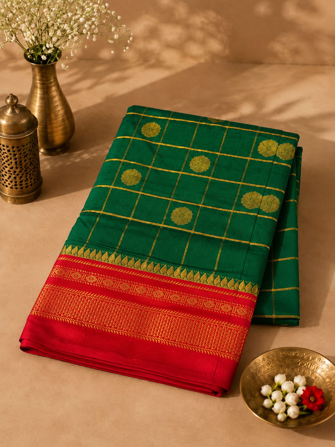 Royal Emerald Green & Crimson Red Floral Buti Gold Zari Cotton Saree