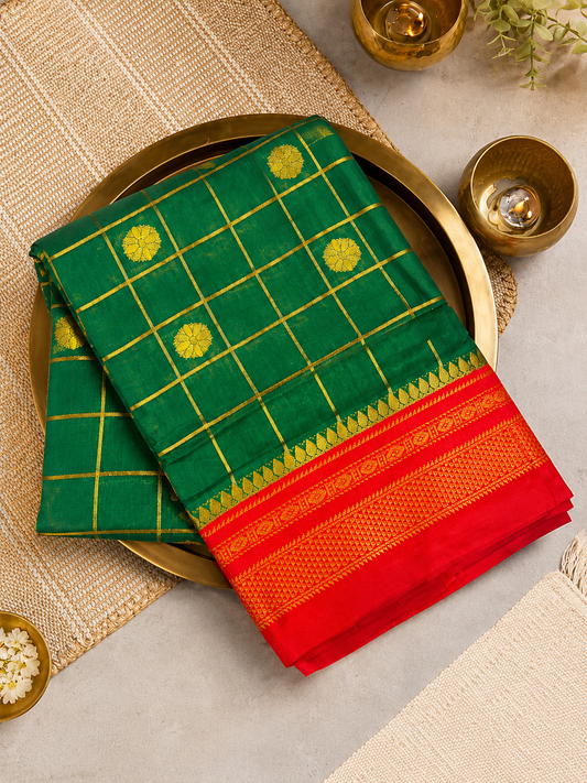 Royal Emerald Green & Crimson Red Floral Buti Gold Zari Cotton Saree