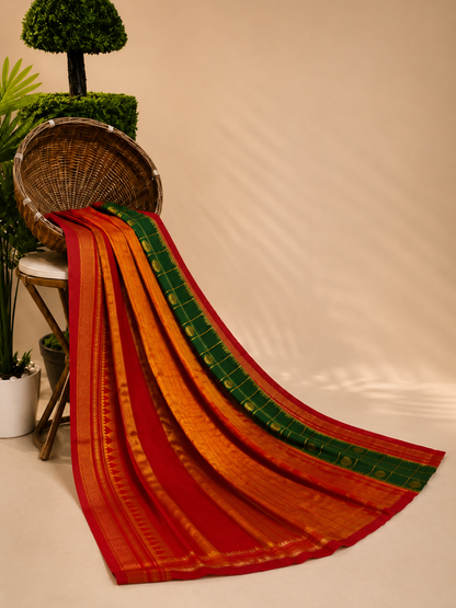 Royal Emerald Green & Crimson Red Floral Buti Gold Zari Cotton Saree