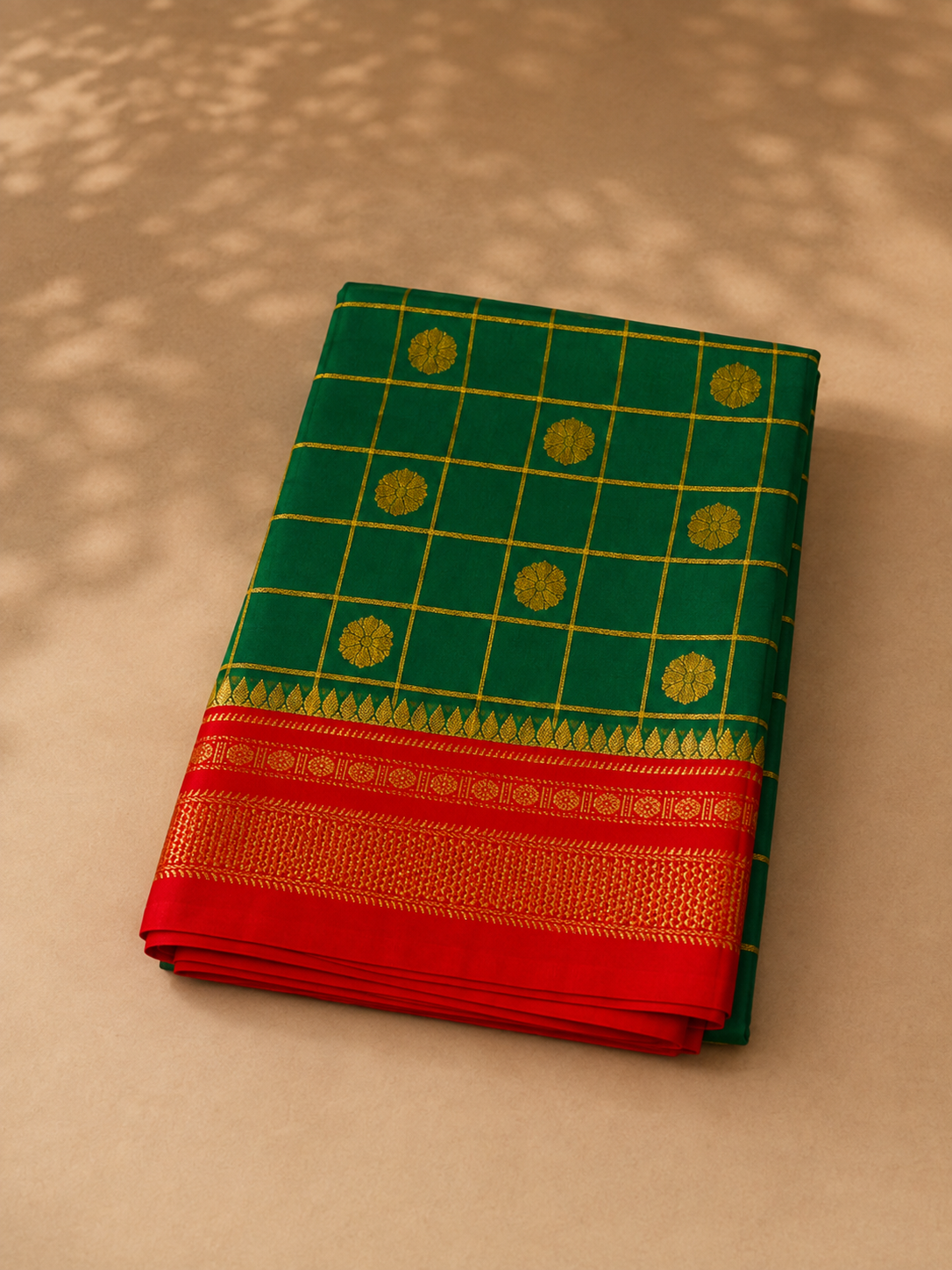 Royal Emerald Green & Crimson Red Floral Buti Gold Zari Cotton Saree