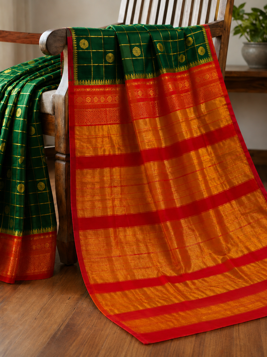 Royal Emerald Green & Crimson Red Floral Buti Gold Zari Cotton Saree