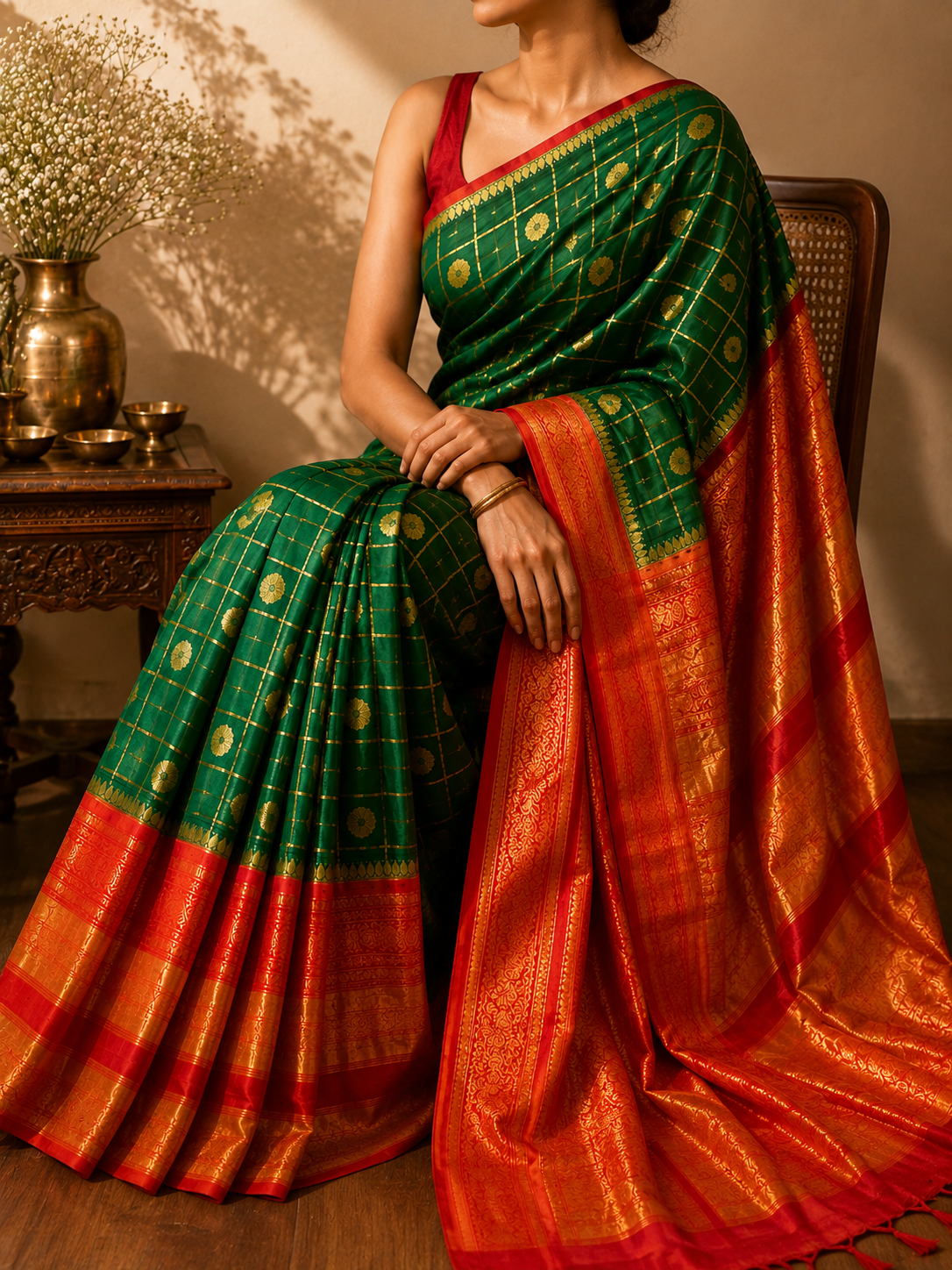 Royal Emerald Green & Crimson Red Floral Buti Gold Zari Cotton Saree