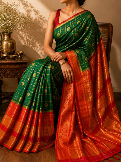 Royal Emerald Green & Crimson Red Floral Buti Gold Zari Cotton Saree