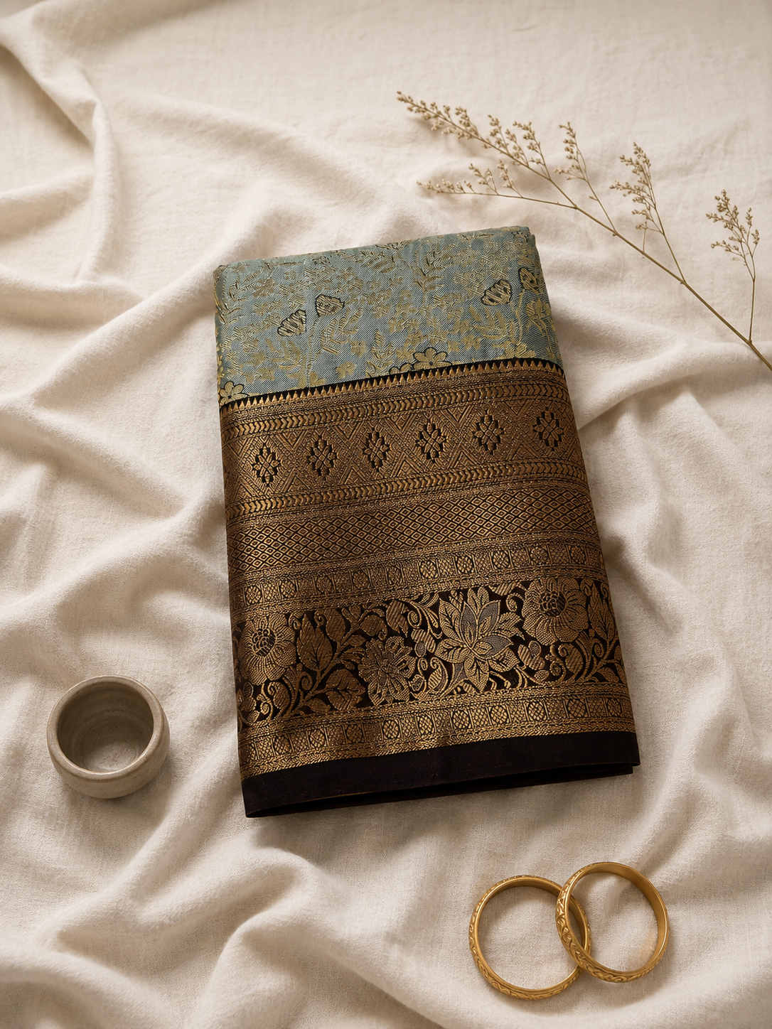 Royal Dusty Teal Blue with Antique Gold Floral Zari & Plum Border Saree