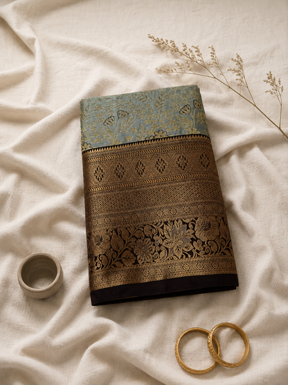 Royal Dusty Teal Blue with Antique Gold Floral Zari & Plum Border Saree