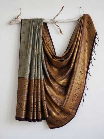 Royal Dusty Teal Blue with Antique Gold Floral Zari & Plum Border Saree