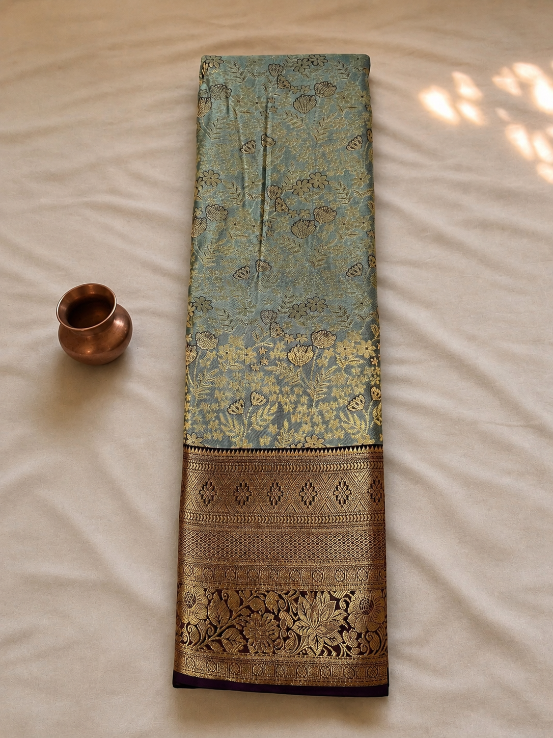 Royal Dusty Teal Blue with Antique Gold Floral Zari & Plum Border Saree