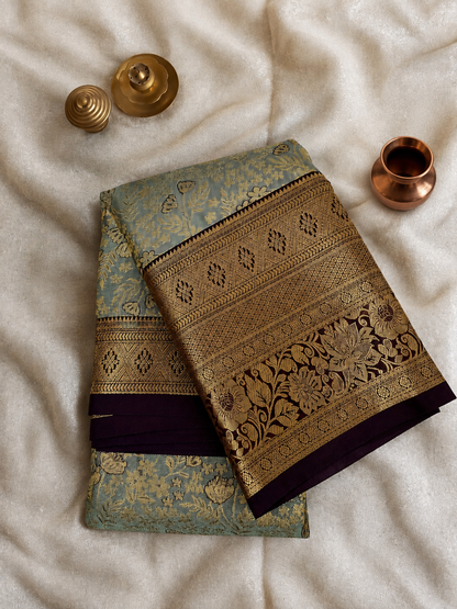 Royal Dusty Teal Blue with Antique Gold Floral Zari & Plum Border Saree