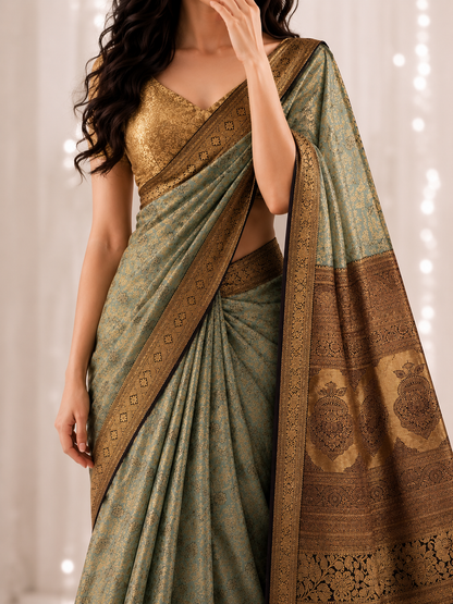 Royal Dusty Teal Blue with Antique Gold Floral Zari & Plum Border Saree